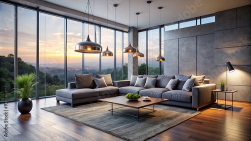 luxurious modern minimalist living room with sleek grey sofa, floor-to-ceiling windows, and industrial-chic pendant lighting, capturing calm, sophisticated ambiance at dusk