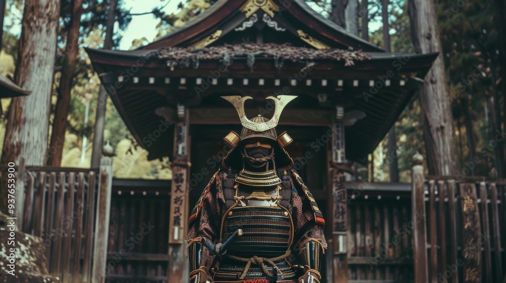 Fototapeta premium A solitary samurai in vivid armor stands before an ornate, historic shrine, embodying the spirit of ancient Japanese tradition and honor.