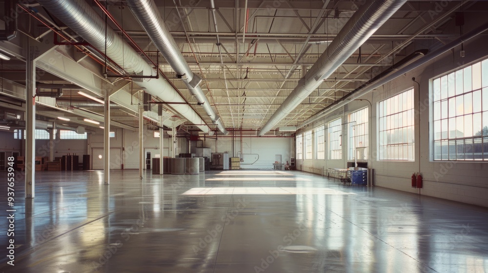 Fototapeta premium A clean, spacious industrial interior with large windows allowing abundant natural light, emphasizing space and functionality.
