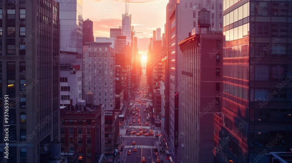 A bustling city street seen from above, bathed in the warm hues of a setting sun, with tall buildings flanking the road. A bustling city street seen from above, bathed in the warm hues of a setting sun, with tall buildings flanking the road.