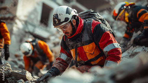 Rescue workers in protective gear search through rubble after a disaster, showcasing teamwork and dedication, ideal for content on emergency response, rescue operations, and disaster management, photo