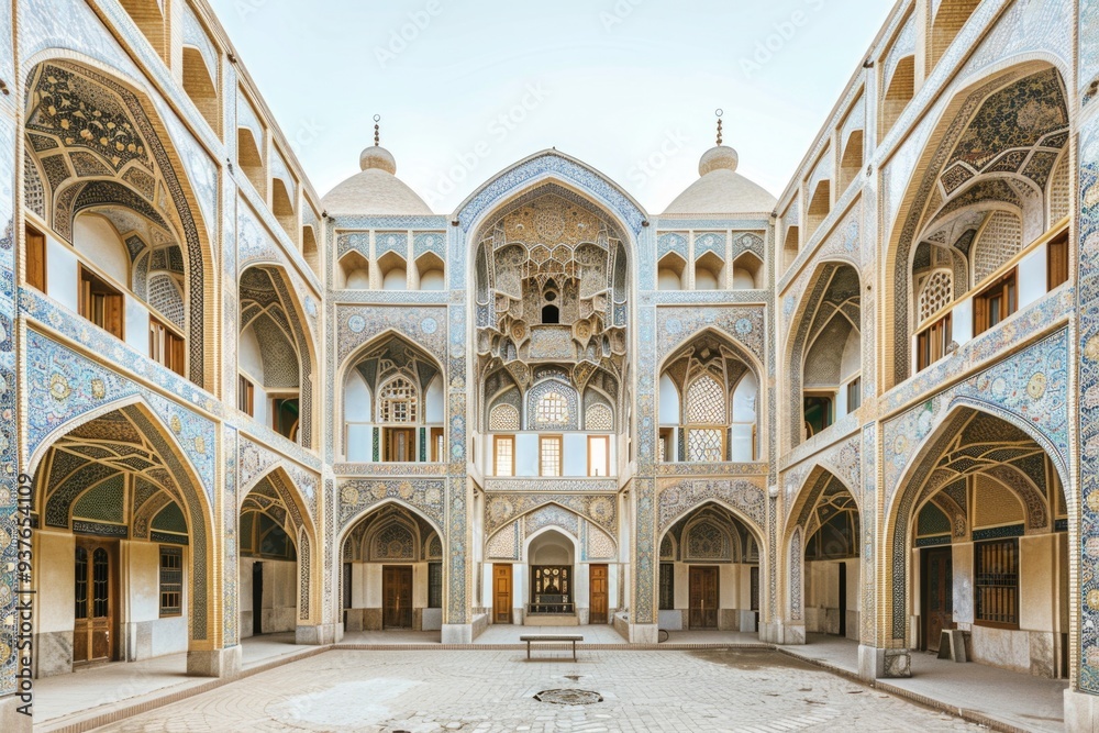 Fototapeta premium A serene courtyard featuring a beautiful fountain as its centerpiece
