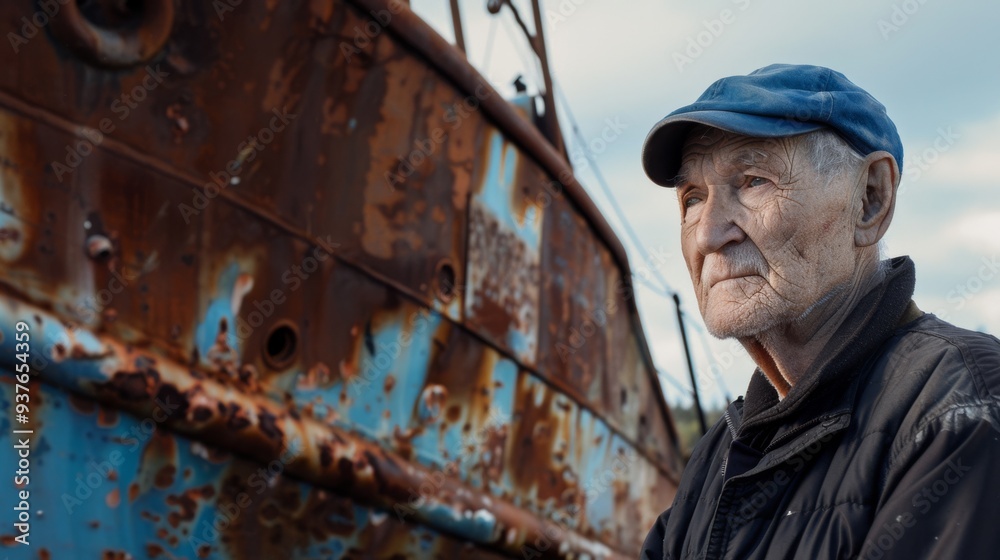 A wise elderly man in a cap gazes at a weathered, rusting ship, reflecting on the past. A wise elderly man in a cap gazes at a weathered, rusting ship, reflecting on the past.