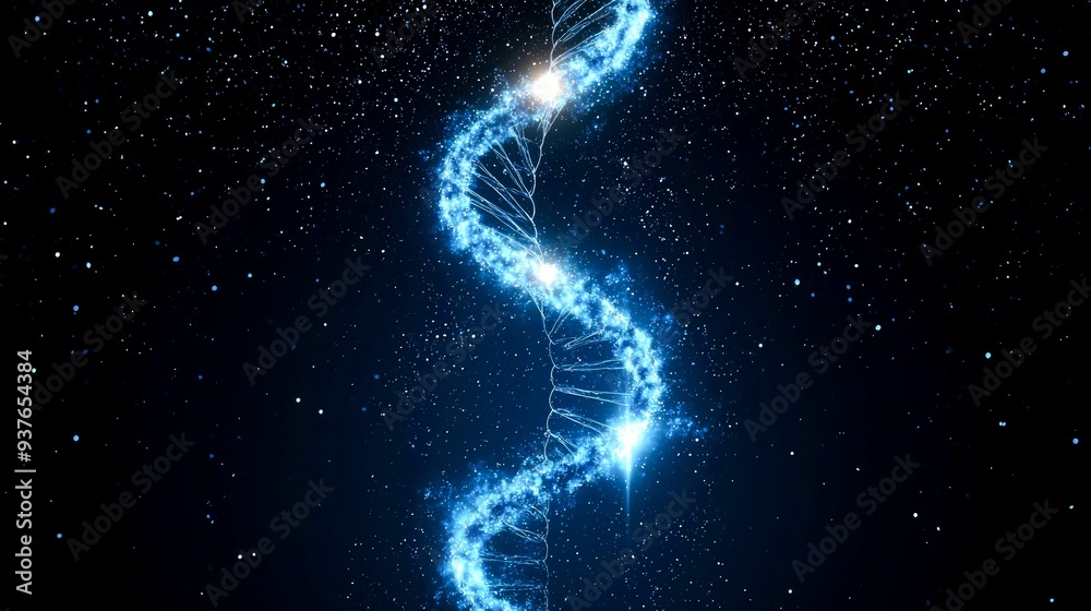 Obraz premium Glowing Blue DNA Helix Against a Starry Background