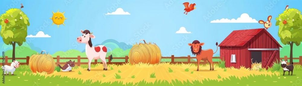 Cartoon farm scene with a cow, hay bales, barn, and cute animals. Cartoon farm scene with a cow, hay bales, barn, and cute animals.