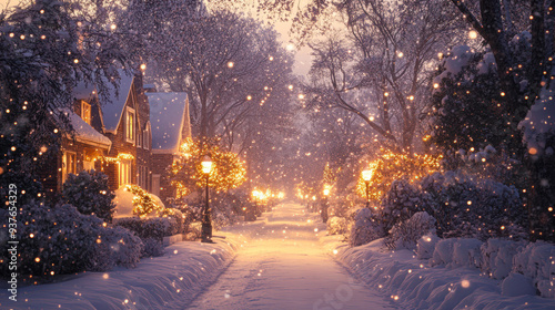 A snow-covered street lined with houses adorned with festive lights and surrounded by snow-laden trees, creating a picturesque winter wonderland