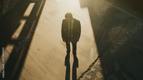 Dramatic overhead shot of a solitary man in a suit standing in stark sunlight and shadow, evoking a sense of reflection and solitude.