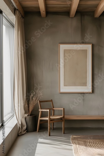 Minimalistically adorned room featuring a wooden frame containing a modern cinematic poster  AI generated illustration photo