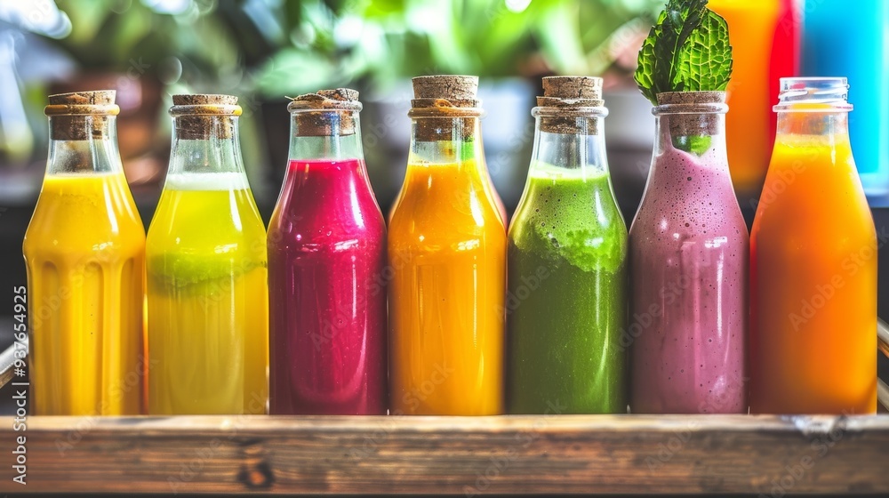 A row of glass bottles filled with colorful juices is lined up neatly, showcasing a delicious and refreshing array of healthy beverage options. A row of glass bottles filled with colorful juices is lined up neatly, showcasing a delicious and refreshing array of healthy beverage options.