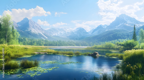 Stunning landscape, serene nature scene, mountains, clear blue sky, peaceful river, outdoor adventure