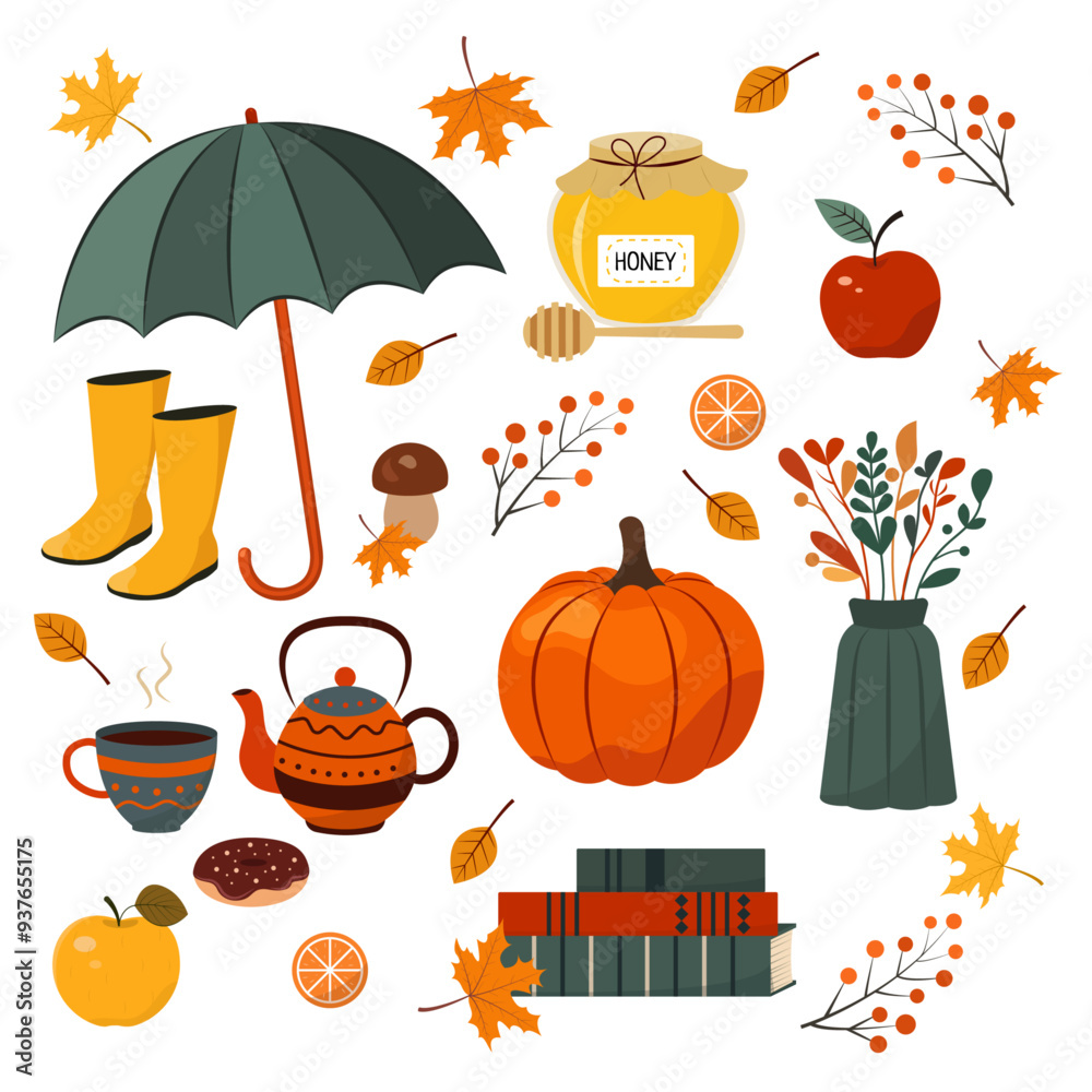 Autumn set with pumpkin, umbrella, vase, berries, mushrooms, apples, cute rubber boots, teapot and cup of tea, books and autumn leaves. Fall season elements perfect for scrapbook, card, poster, invita Autumn set with pumpkin, umbrella, vase, berries, mushrooms, apples, cute rubber boots, teapot and cup of tea, books and autumn leaves. Fall season elements perfect for scrapbook, card, poster, invita