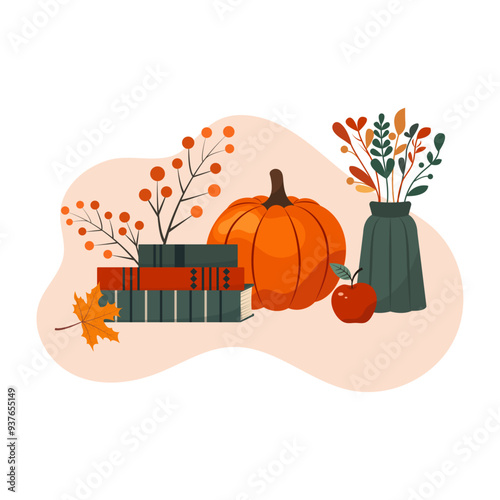 Autumn vector illustration with pumpkin, vase, apple, books and autumn leaves and flowers. Fall season elements perfect for scrapbook, card, poster, invitation, sticker kit.