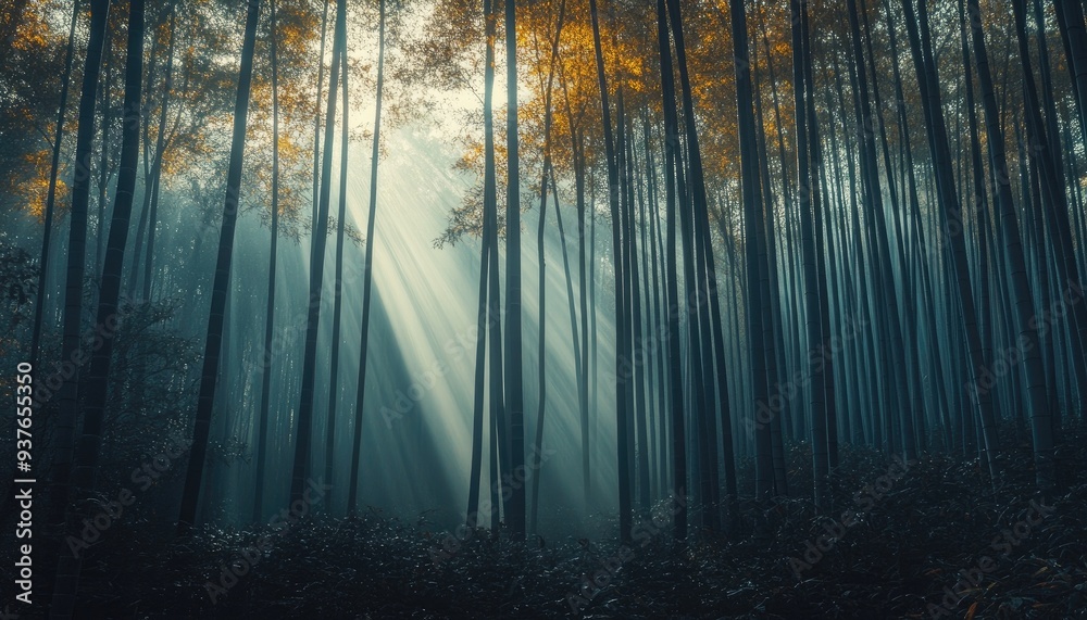 Fototapeta premium Sunbeams piercing through a dense bamboo forest, creating a mystical and ethereal atmosphere.