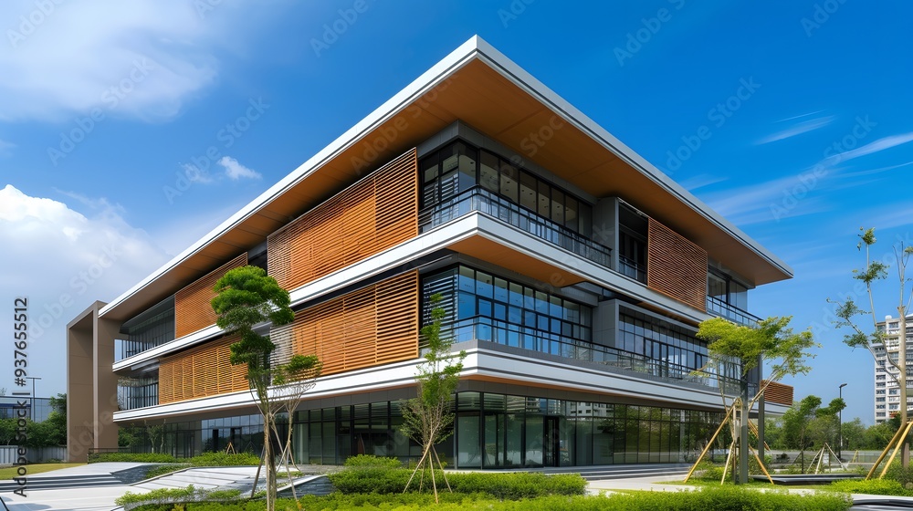 Fototapeta premium Modern office building with rainwater harvesting capacity AI generated illustration