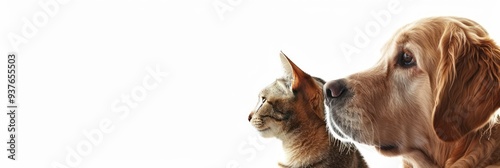 Close up of a cat and a golden retriever looking to the right side of the frame, isolated against a white background.