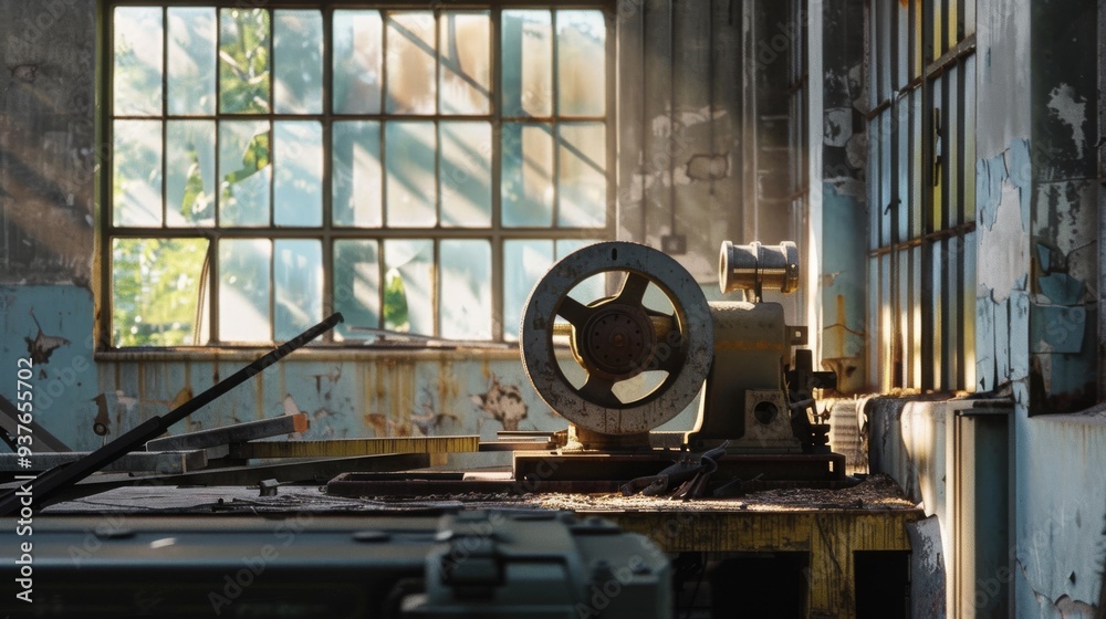 Sunlight streams through cracked windows in an old factory, illuminating a solitary rusted machine, evoking a sense of industrial nostalgia. Sunlight streams through cracked windows in an old factory, illuminating a solitary rusted machine, evoking a sense of industrial nostalgia.