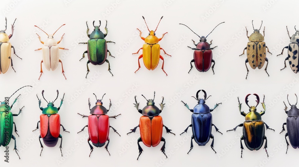 Naklejka premium Diverse array of colorful beetles arranged symmetrically against a white background showcasing their vibrant hues.