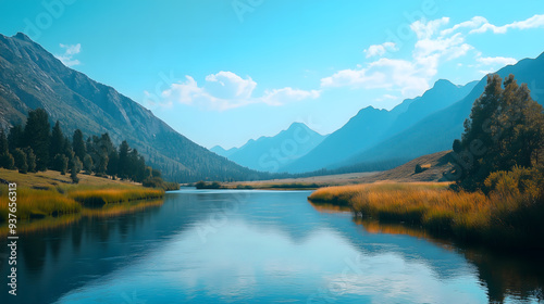 Stunning landscape, serene nature scene, mountains, clear blue sky, peaceful river, outdoor adventure