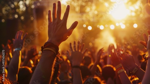 Backlit concert crowd with hands raised, basking in the glow of a golden sunset, capturing the essence of euphoric unity and music.