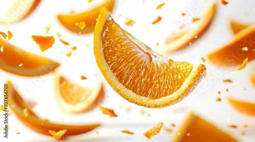 Orange Slice Falling with Citrus Peels Against White Background