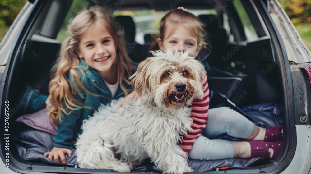 Two young girls and their fluffy dog enjoy a fun moment in the back of a car during a sunny day trip, exuding pure joy and companionship. Two young girls and their fluffy dog enjoy a fun moment in the back of a car during a sunny day trip, exuding pure joy and companionship.