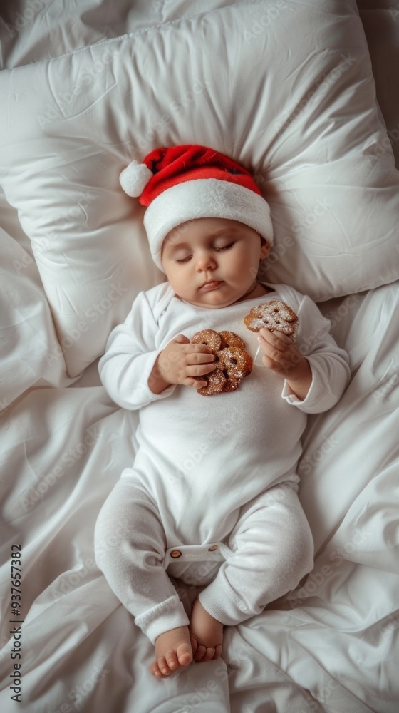 Gentle slumber envelops a cherubic baby resting on plush bedding, wearing a cozy white outfit and a festive red Santa hat, blissfully clutching treats in tiny hands Gentle slumber envelops a cherubic baby resting on plush bedding, wearing a cozy white outfit and a festive red Santa hat, blissfully clutching treats in tiny hands