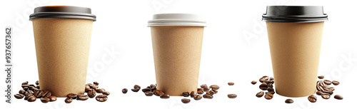 Disposable coffee cups set with coffee beans isolated on transparent background