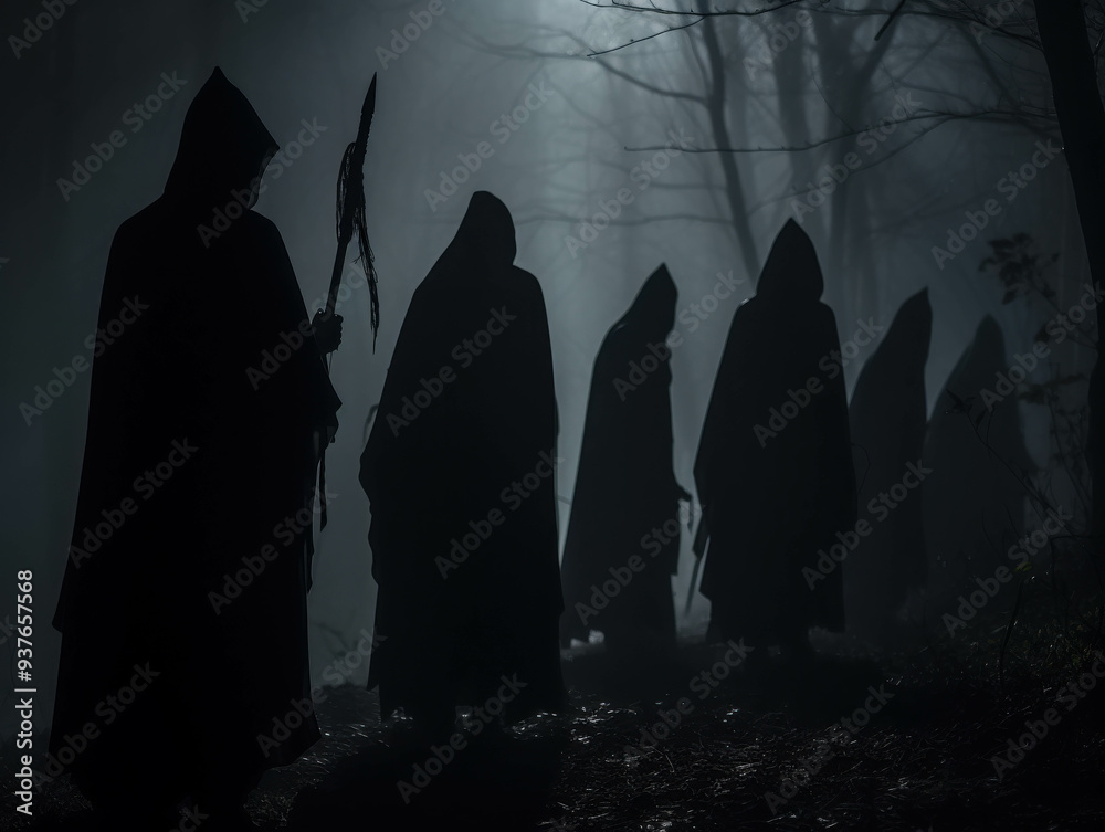 The Gathering Shadows: A cloaked procession advances through a moonlit forest, their identities shrouded in mystery and suspense. The Gathering Shadows: A cloaked procession advances through a moonlit forest, their identities shrouded in mystery and suspense.