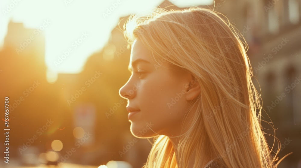 A young woman basks in golden sunlight, her serene expression and subtly illuminated hair capturing the peaceful essence of a sunny day.