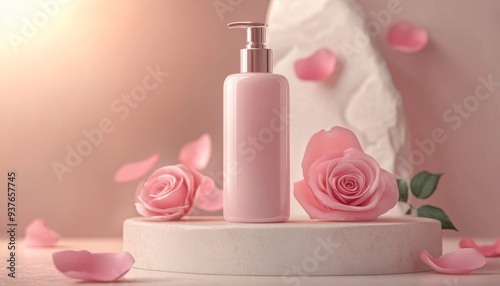 Pastel Pink Body Lotion Bottle on CreamColored Stone  Skincare Mockup photo