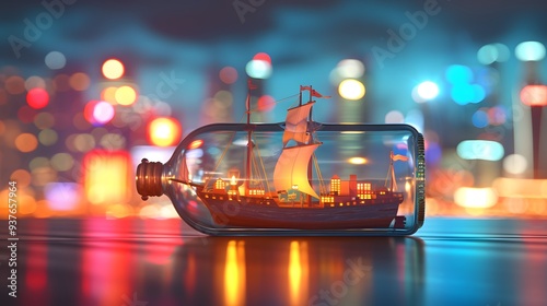 A 3D styled tiny ship in a bottle with a minimalist city skyline background   AI generated illustration