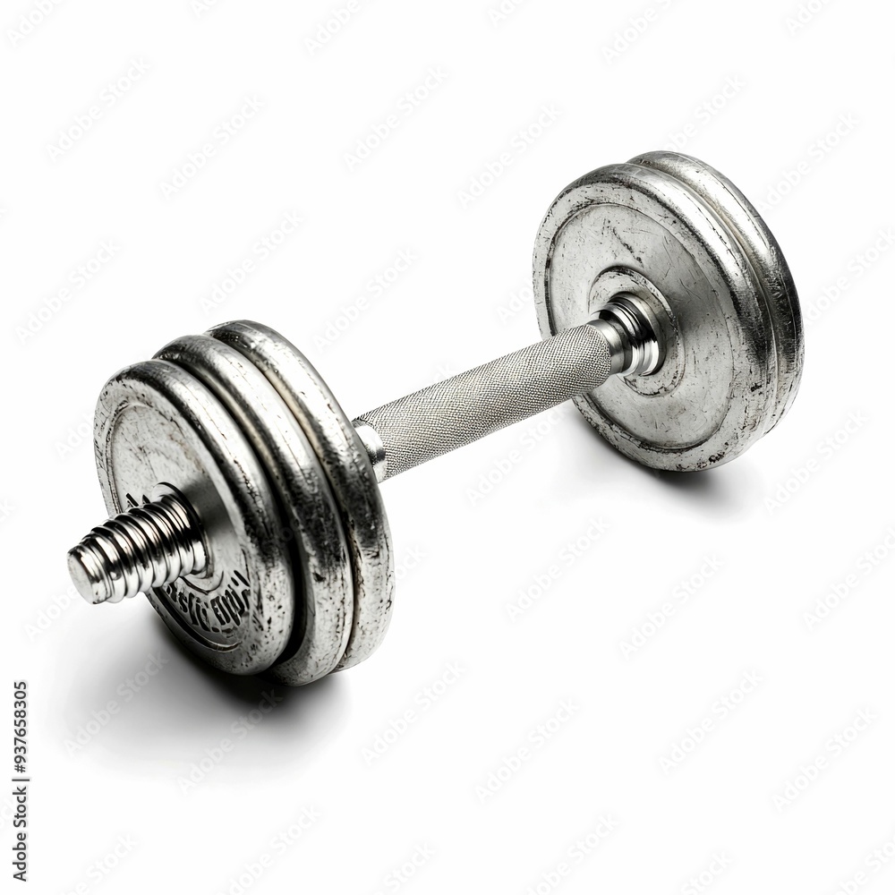 Fototapeta premium Silver Dumbbell with Textured Grip and Two Weights