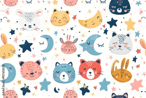 Wallpaper Mural Seamless pattern with cute animal faces, stars, and moons in a cheerful colorful design perfect for kids. Torontodigital.ca