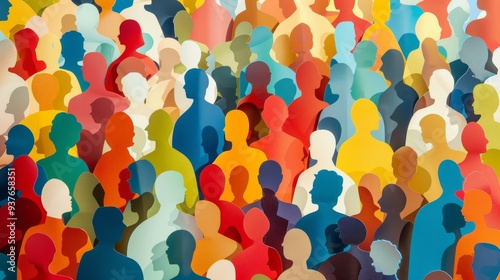 An abstract representation of numerous colorful, paper-cut silhouettes of people, symbolizing diversity and unity.