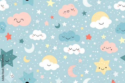 Seamless pattern with cute clouds, stars and moon on a blue background.