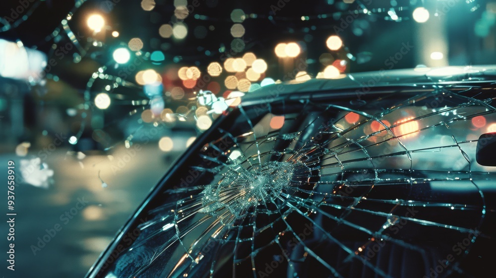 A shattered car windshield under city lights, reflecting the chaos and impact of an urban accident, with a dramatic and poignant feel. A shattered car windshield under city lights, reflecting the chaos and impact of an urban accident, with a dramatic and poignant feel.