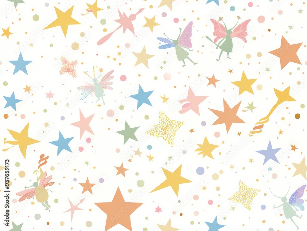 Pastel colored fairy silhouette pattern with stars and dots on a white background.