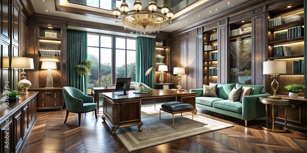 opaline glass walls gleam in morning light amidst lavish wood accents, velvet sofas, and sleek metallic desks in a sumptuous home office fusion opaline glass walls gleam in morning light amidst lavish wood accents, velvet sofas, and sleek metallic desks in a sumptuous home office fusion