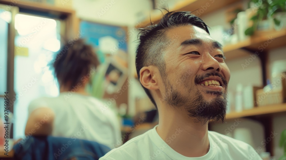 A cheerful man with neatly trimmed facial hair enjoys a light-hearted moment in a cozy, book-lined cafe. A cheerful man with neatly trimmed facial hair enjoys a light-hearted moment in a cozy, book-lined cafe.