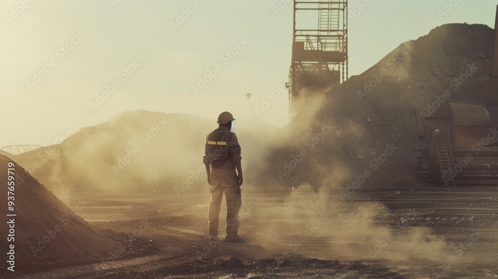 A solitary construction worker stands amidst dust and heavy machinery at a barren worksite under a hazy sun, evoking a sense of hard labor. A solitary construction worker stands amidst dust and heavy machinery at a barren worksite under a hazy sun, evoking a sense of hard labor.