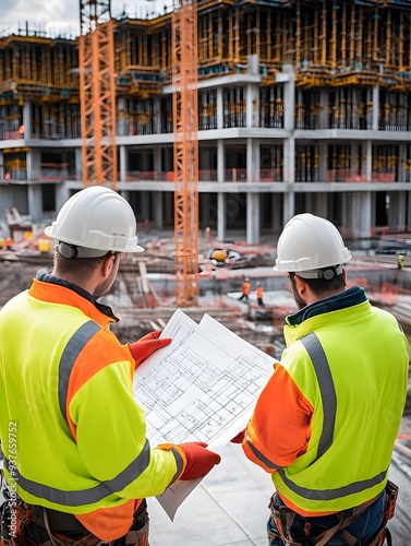 Surveyors Examining Blueprints at Construction Site with Crane and Building Framework