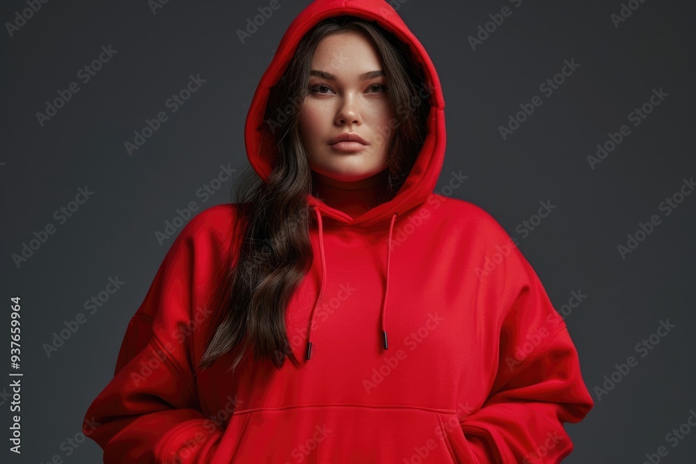 Plus size model in red sports suit with hood template. Plus size model in red sports suit with hood template.