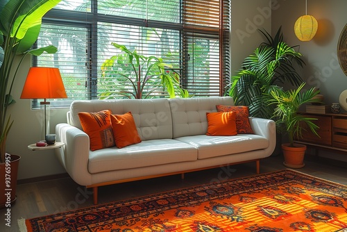 A well lit and inviting living room furnished with a couch a comfortable chair and a large window covered with blinds photo