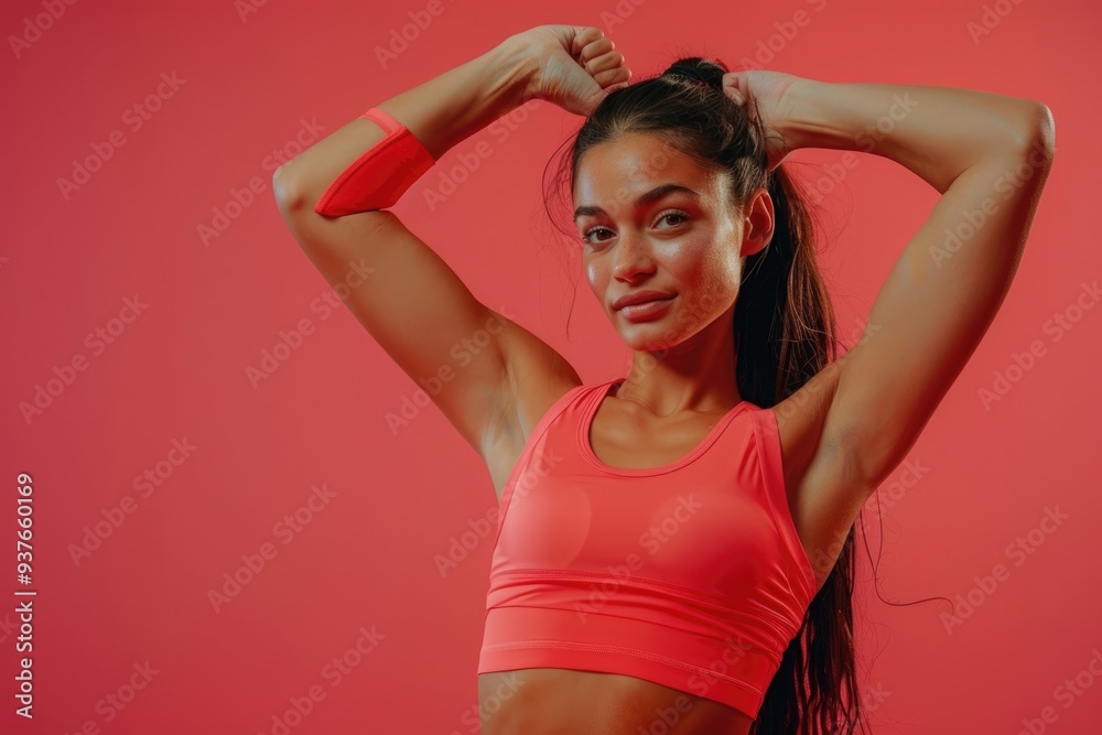 Fit woman in sportswear exercising on red background. Fit woman in sportswear exercising on red background.
