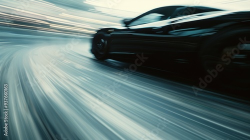 A sleek, black car speeding around a wet track, leaving streaks of light and motion blur in its wake.