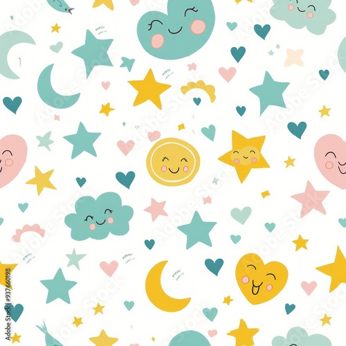Seamless pattern with cute cartoon characters like sun, moon, stars, hearts and clouds on white background.