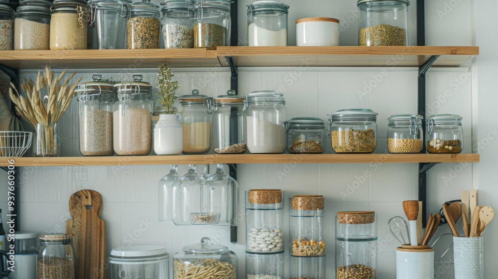 An immaculately organized pantry with glass jars filled with various dry goods, reflecting a clean and meticulous kitchen space. An immaculately organized pantry with glass jars filled with various dry goods, reflecting a clean and meticulous kitchen space.