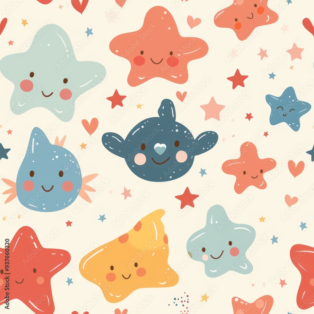 Seamless pattern with cute cartoon stars, hearts, and fish on a light beige background. Seamless pattern with cute cartoon stars, hearts, and fish on a light beige background.