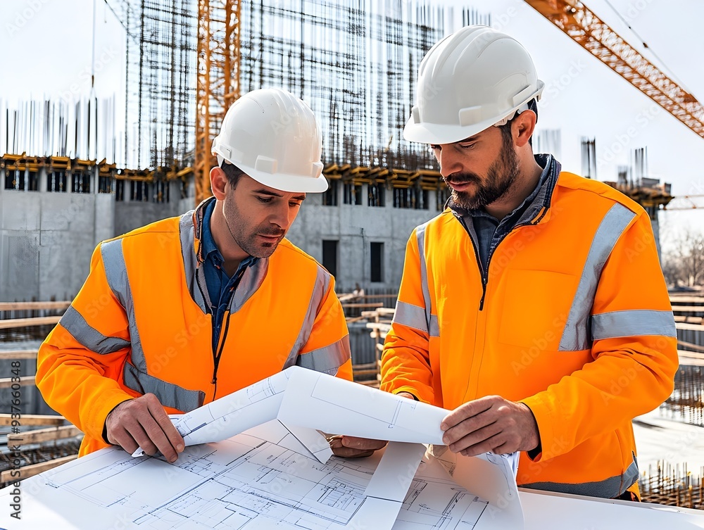 Construction Inspectors Reviewing Blueprints at Building Site with Crane Overhead Construction Inspectors Reviewing Blueprints at Building Site with Crane Overhead