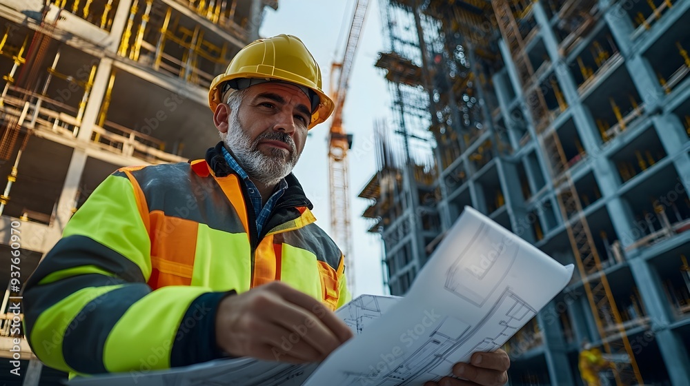 Experienced Construction Engineer Reviewing Blueprint at Towering Building Site Experienced Construction Engineer Reviewing Blueprint at Towering Building Site